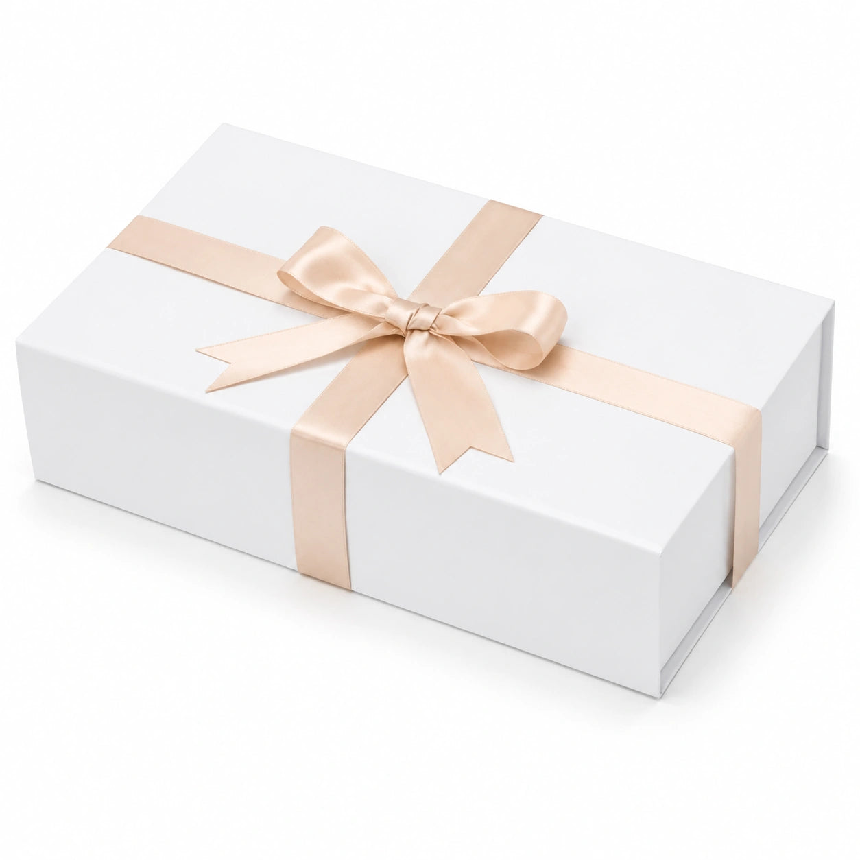 Boîte cadeau 25 x 18 x 8 cm en carton blanc avec ruban satiné champagne