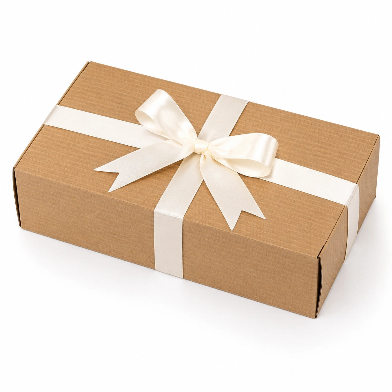 Boîte cadeau rectangulaire 30 x 20 x 10 cm en carton kraft marron avec ruban satin ivoire