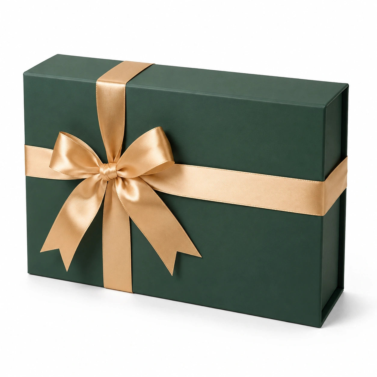 Boîte cadeau rectangulaire 30 x 20 x 12 cm en carton vert foncé avec ruban satin doré