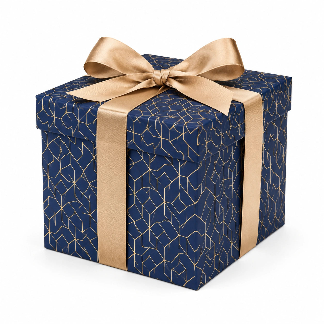 Boîte cadeau carrée 20 x 20 x 15 cm en carton bleu marine et doré avec couvercle décoratif
