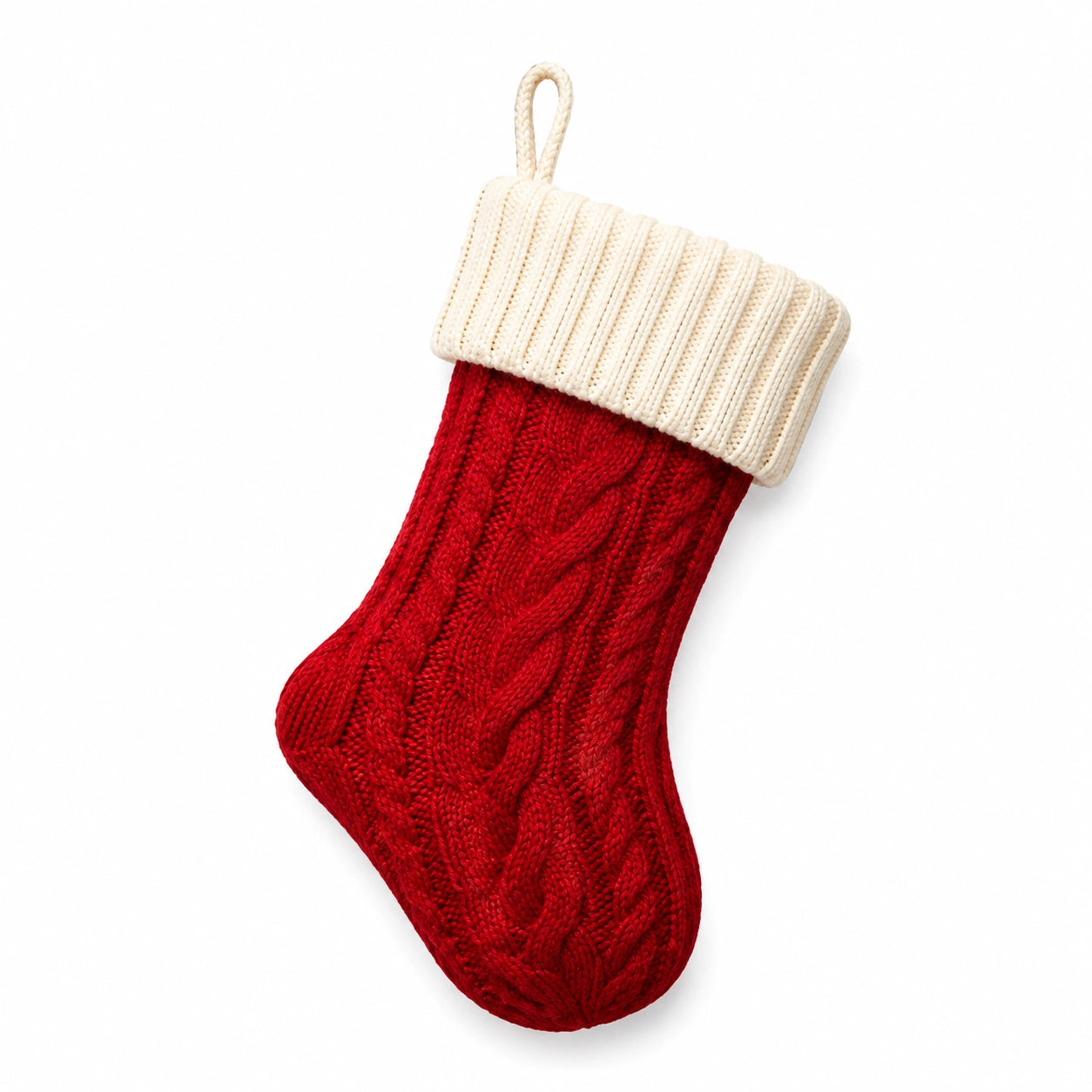Chaussette décorative 45 cm en textile tricoté rouge et écru à suspendre