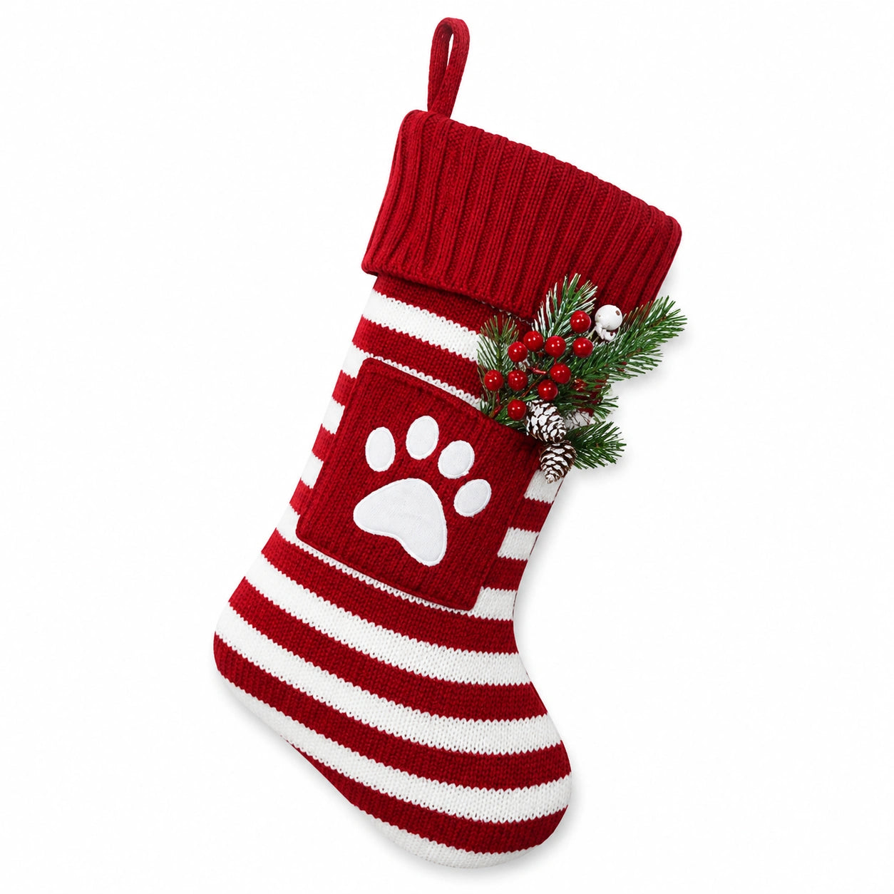 Chaussette de décoration 45 cm en textile tricoté rouge blanc à motif patte style festif