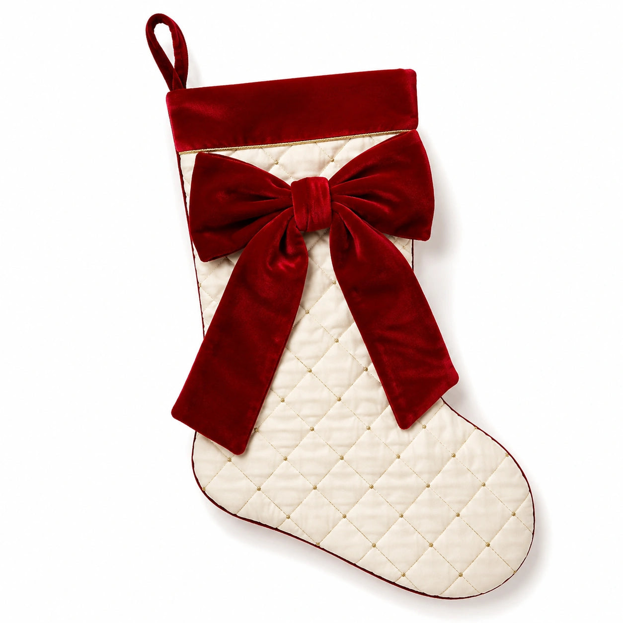 Chaussette de Noël 48 cm en velours matelassé rouge et crème à suspendre avec nœud décoratif