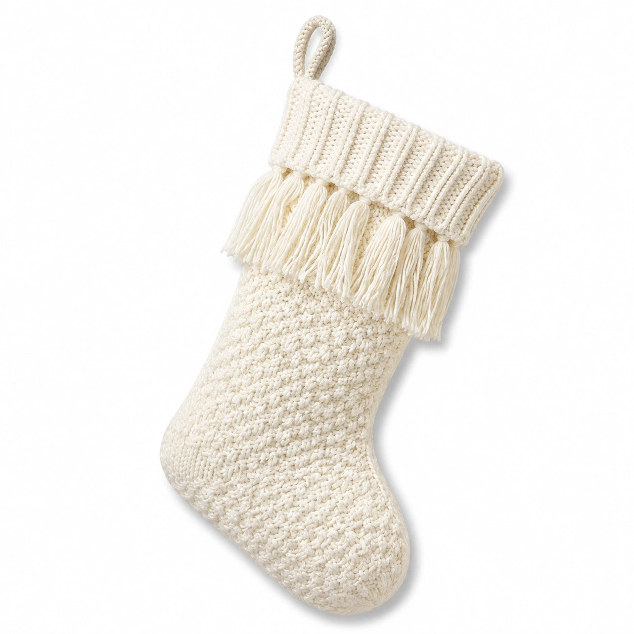 Chaussette de Noël 45 cm en textile tricoté écru à franges décorative