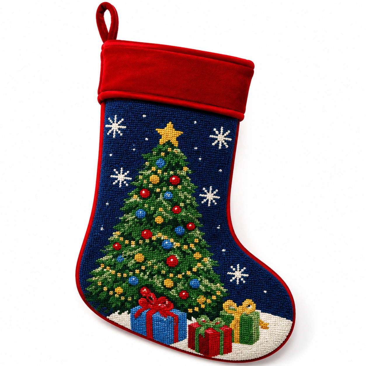 Chaussette de Noël 45 cm en textile bleu rouge à motif sapin brodé à suspendre
