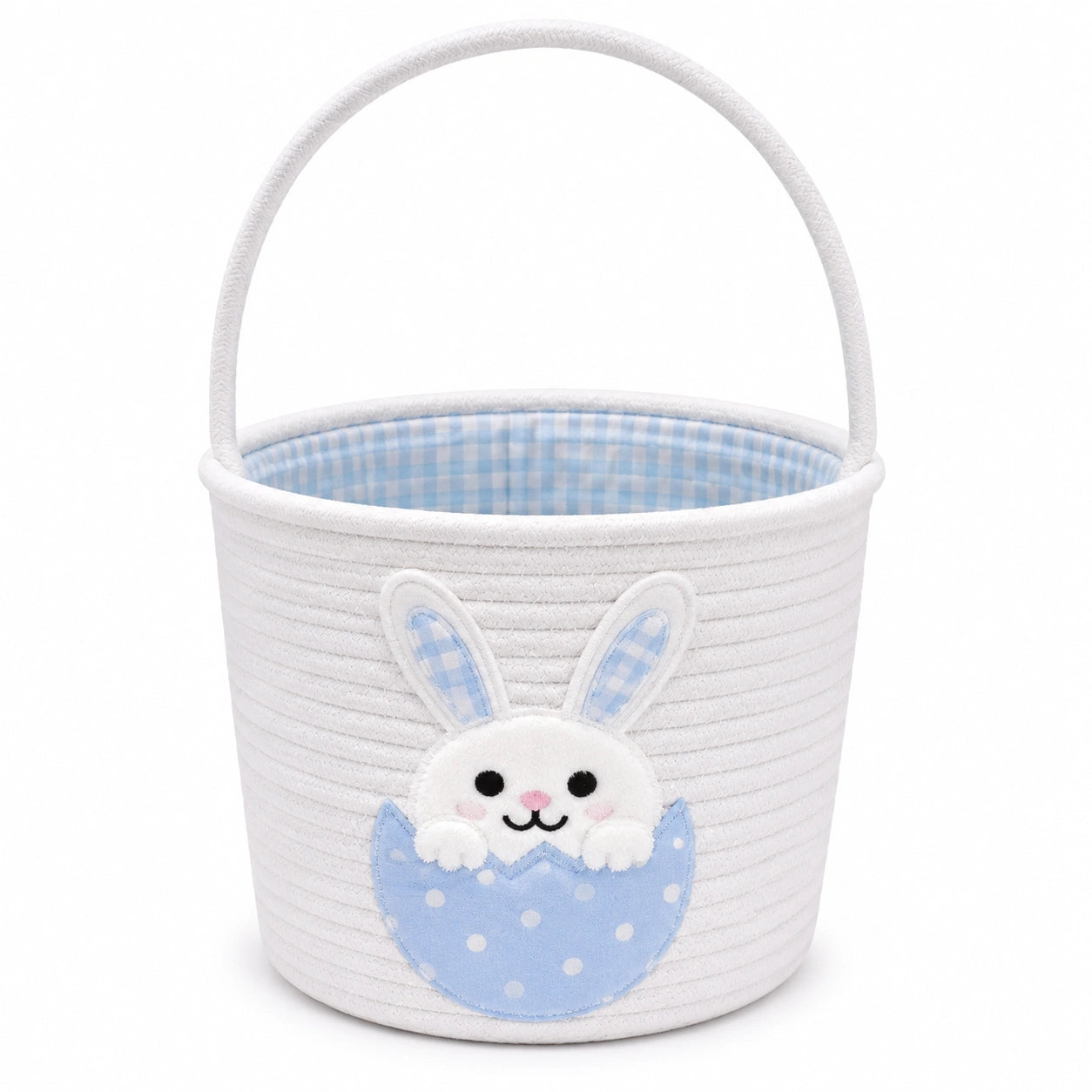Panier de rangement rond 25 x 20 cm en coton blanc et bleu avec anse motif lapin