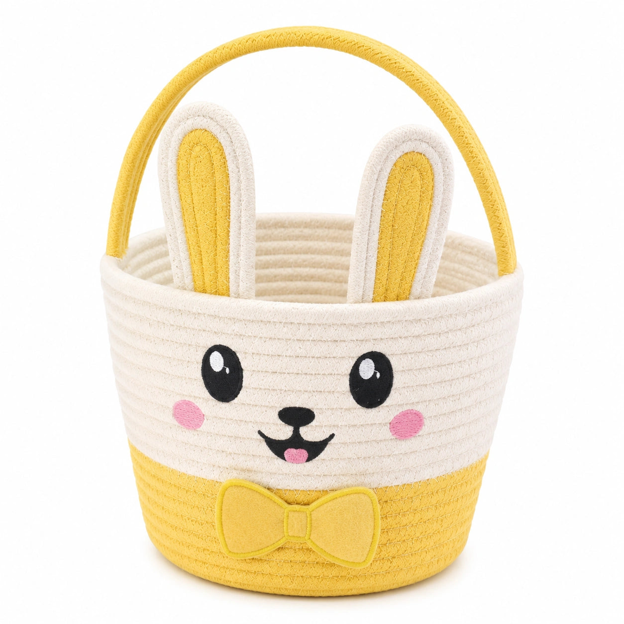 Panier de rangement rond 25 cm en corde de coton blanc et jaune motif lapin avec poignée