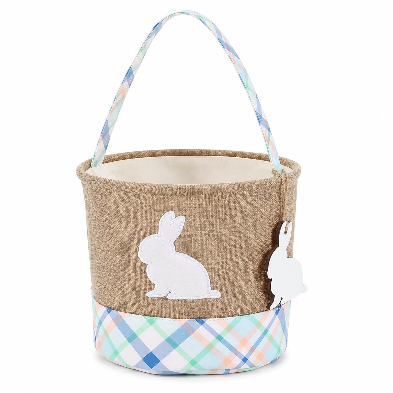 Panier de rangement rond diamètre 25 cm en tissu beige à motif lapin avec anse souple