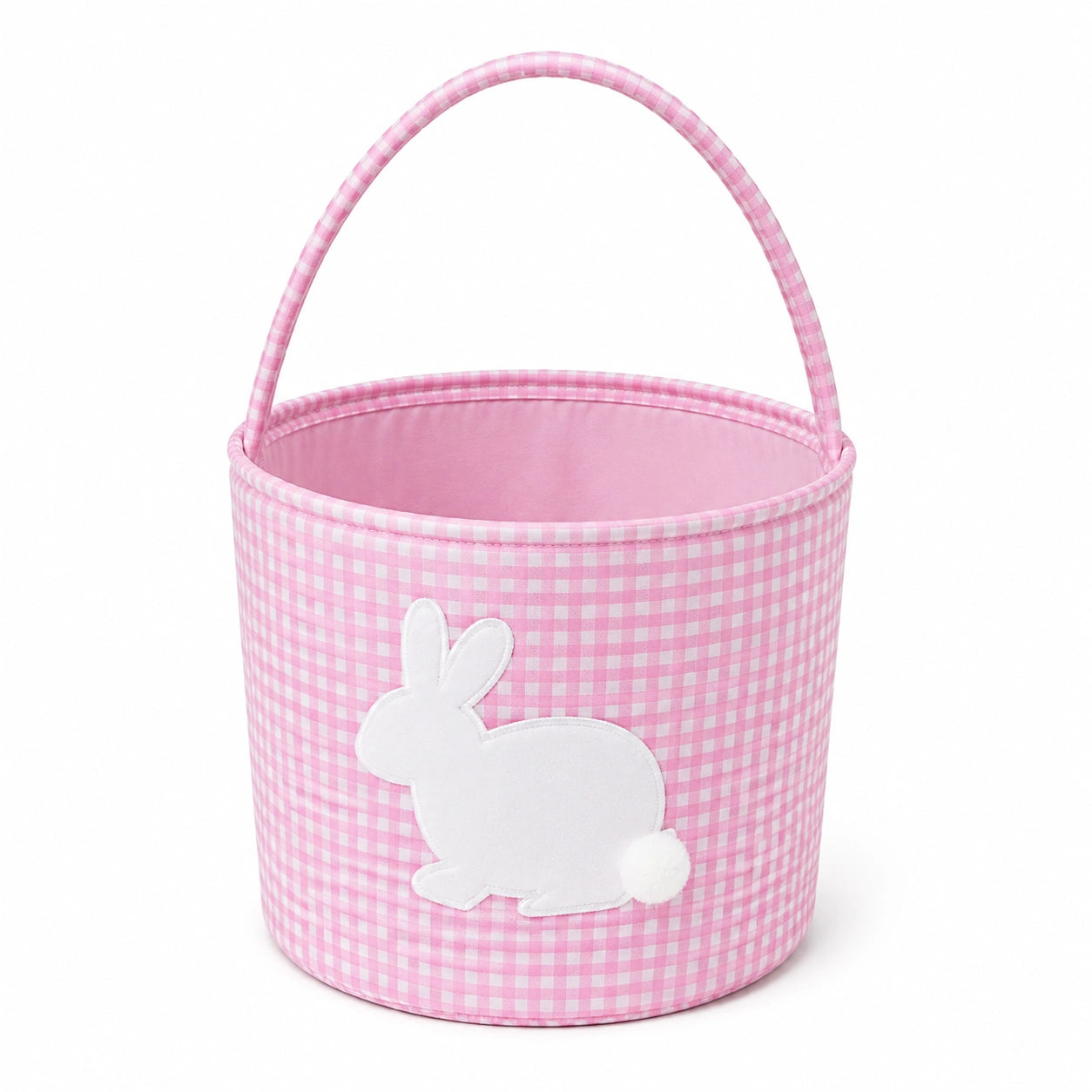 Panier de rangement rond 25 cm en tissu rose à carreaux avec anse motif lapin