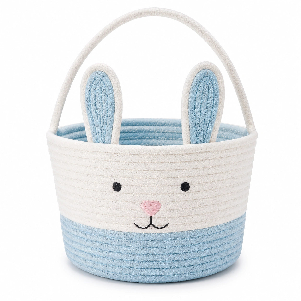 Panier de rangement 30 x 28 cm en coton blanc/bleu style lapin avec anses
