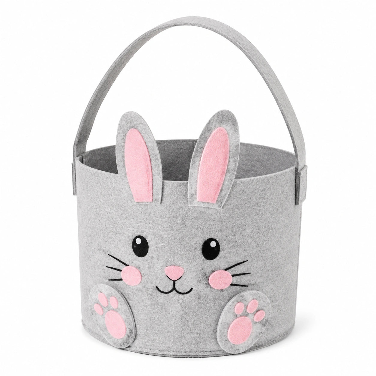 Panier de rangement rond 22 cm en feutre gris rose motif lapin avec anse