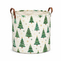 Panier de rangement rond 40 cm en tissu écru à motif sapins avec poignées marron