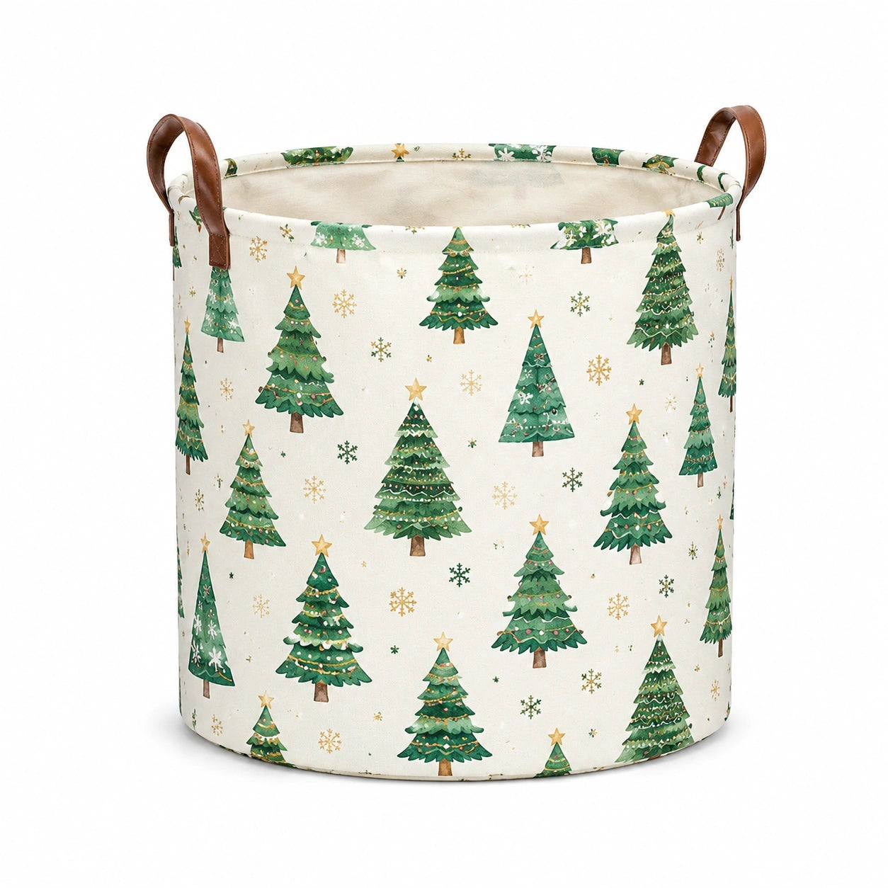 Panier de rangement rond 40 cm en tissu écru à motif sapins avec poignées marron