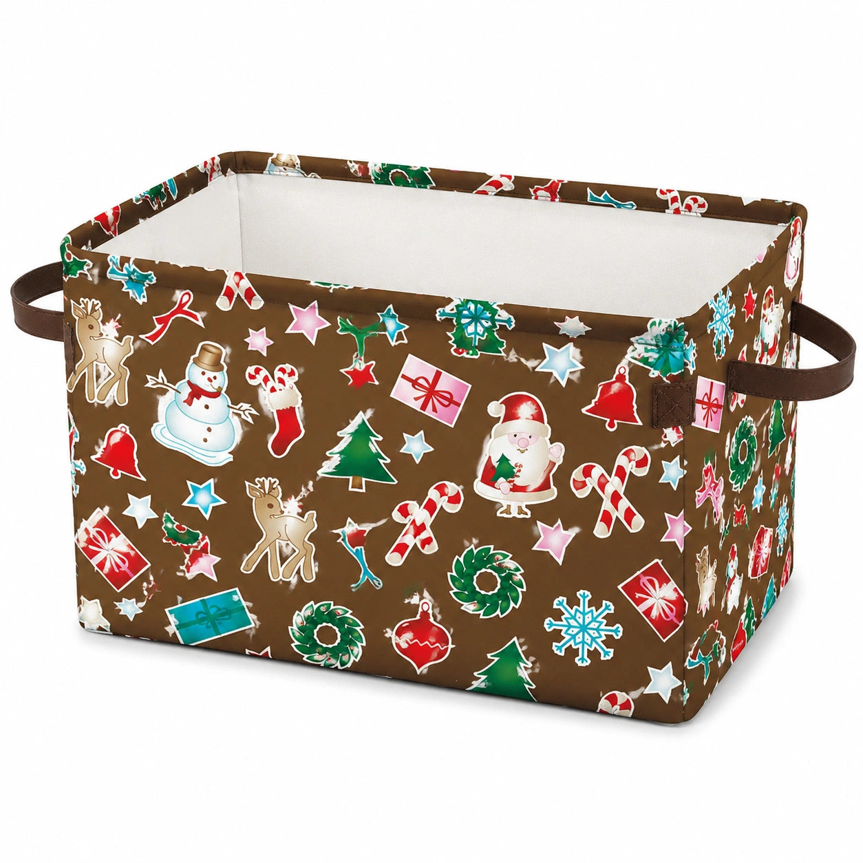 Panier de rangement 40 x 30 x 30 cm en tissu marron à motifs hivernaux avec poignées