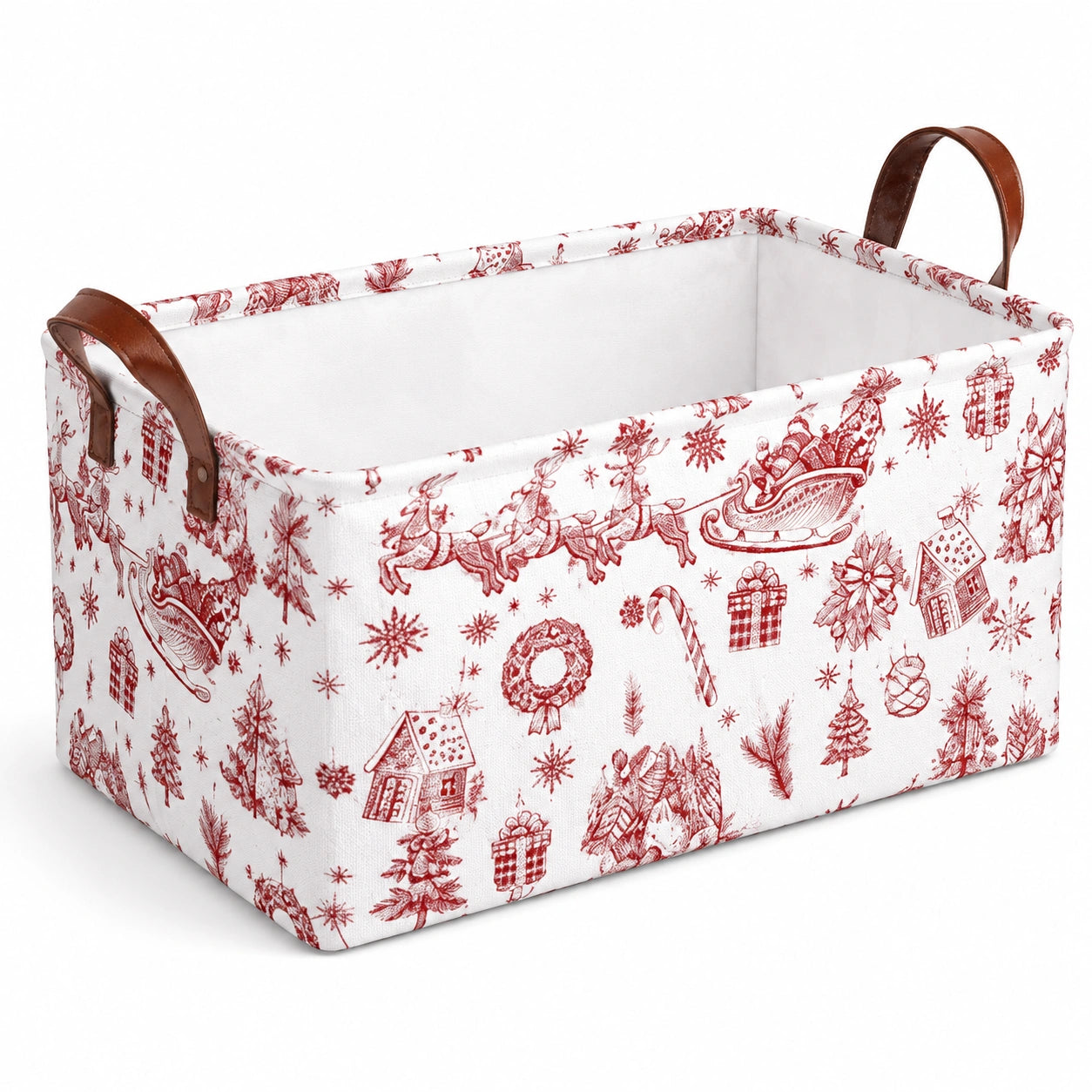 Panier de rangement 38 x 26 x 25 cm en tissu blanc rouge à anses pour rangement décoratif festif
