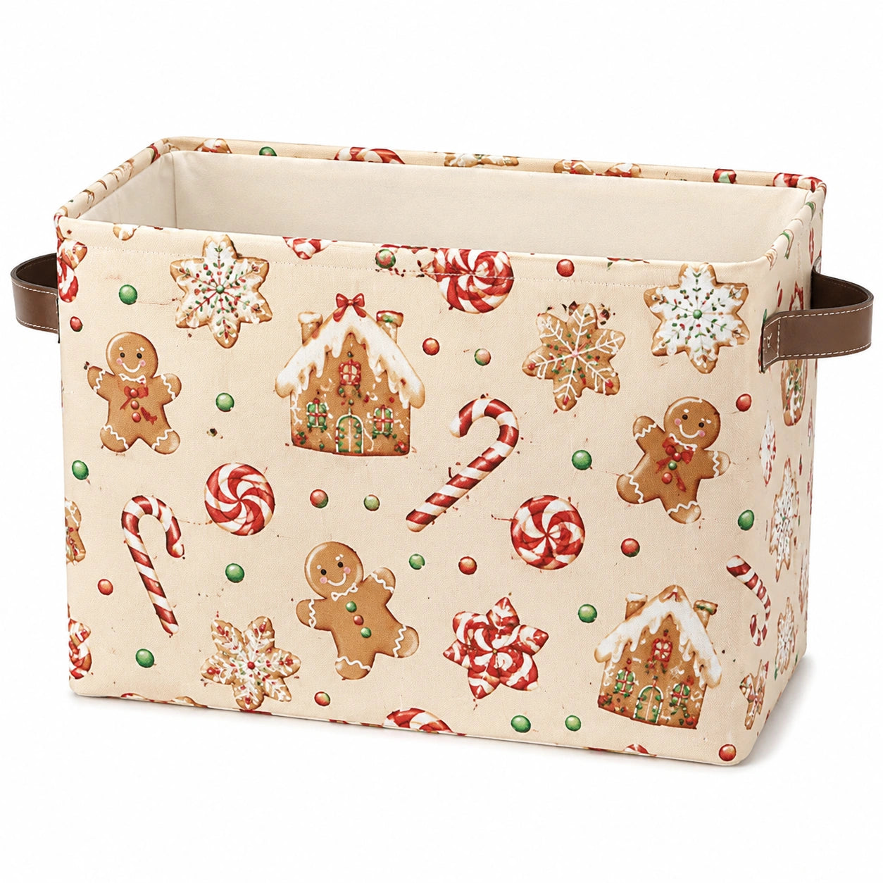 Panier de rangement 38 x 28 x 25 cm en tissu beige à poignées marron motif biscuits