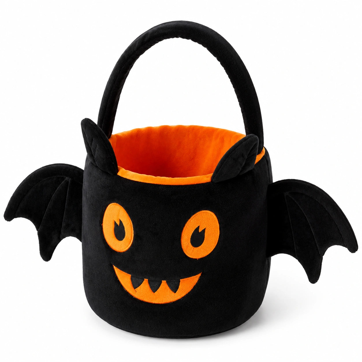 Sac à friandises 20 cm en peluche noir orange avec poignée motif chauve-souris
