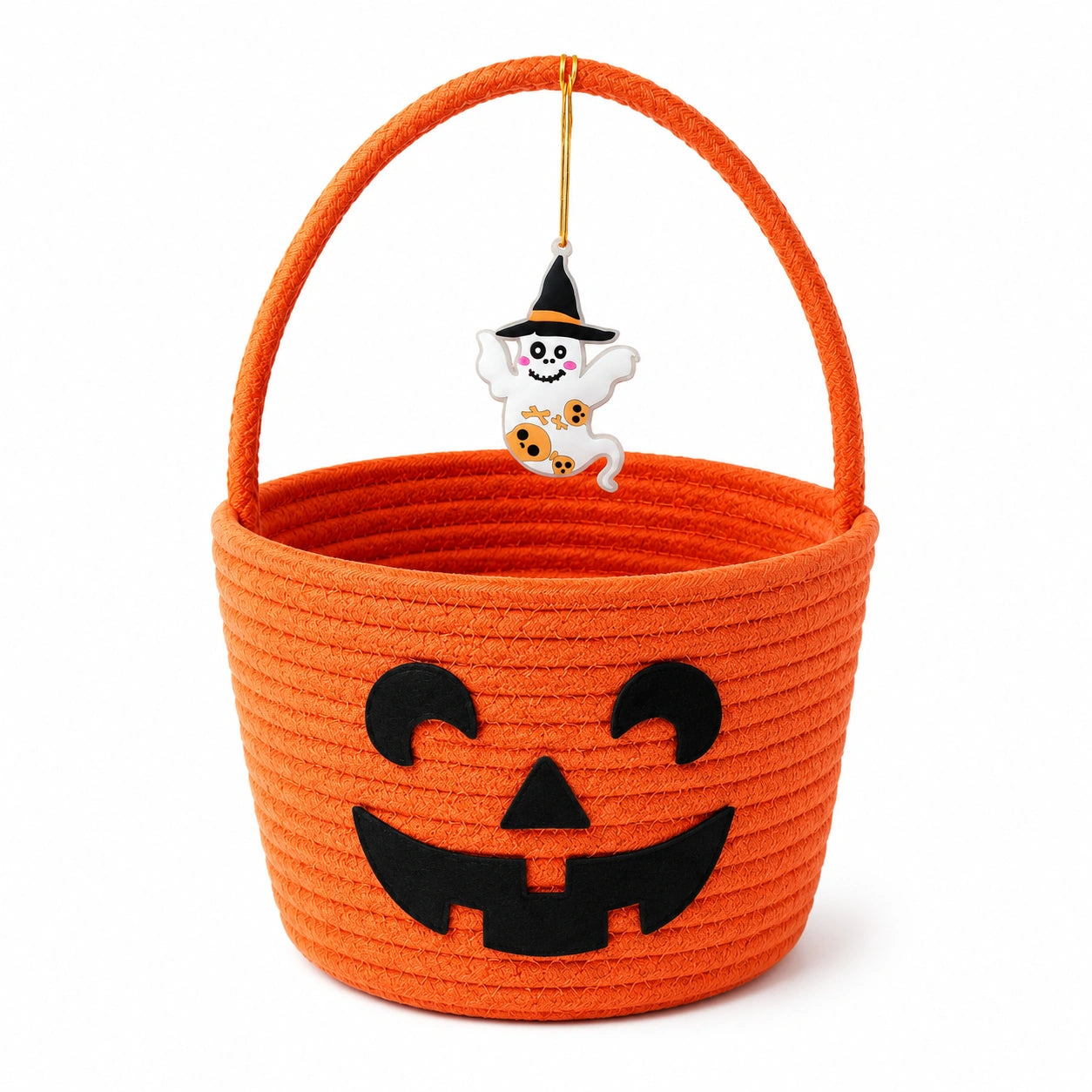 Panier de rangement rond 25 cm en coton orange à motif citrouille avec anse