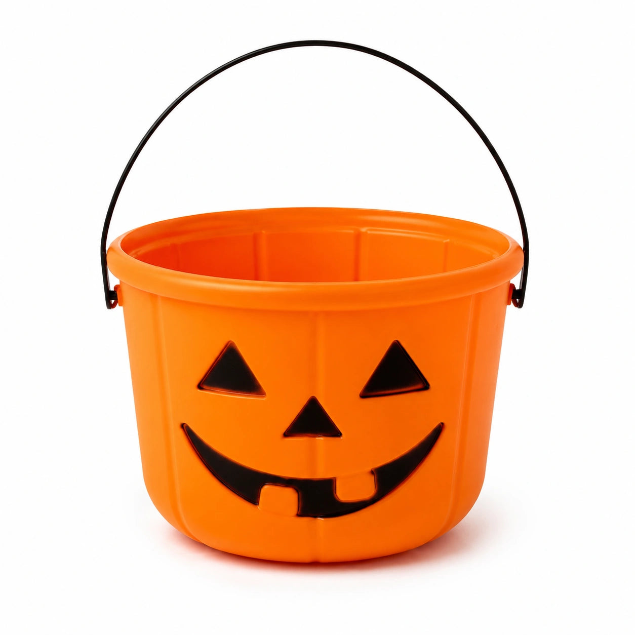 Seau à friandises Halloween 20 cm en plastique orange avec anse métallique motif citrouille