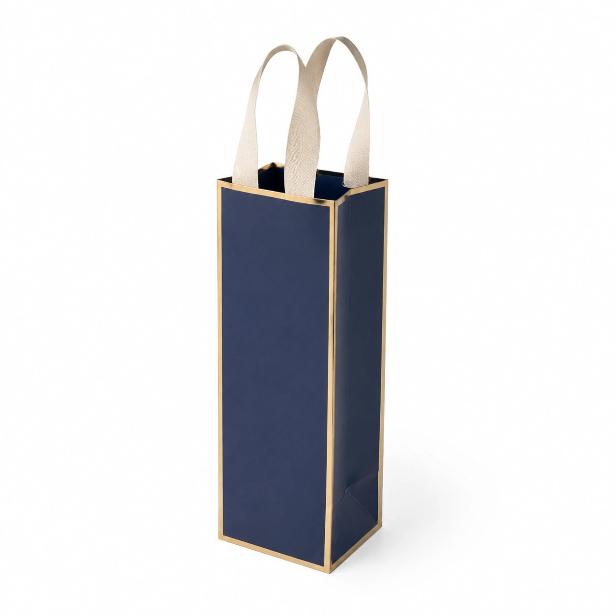 Sac cadeau pour bouteille 12 x 10 x 35 cm en papier cartonné bleu marine et doré avec anses textiles
