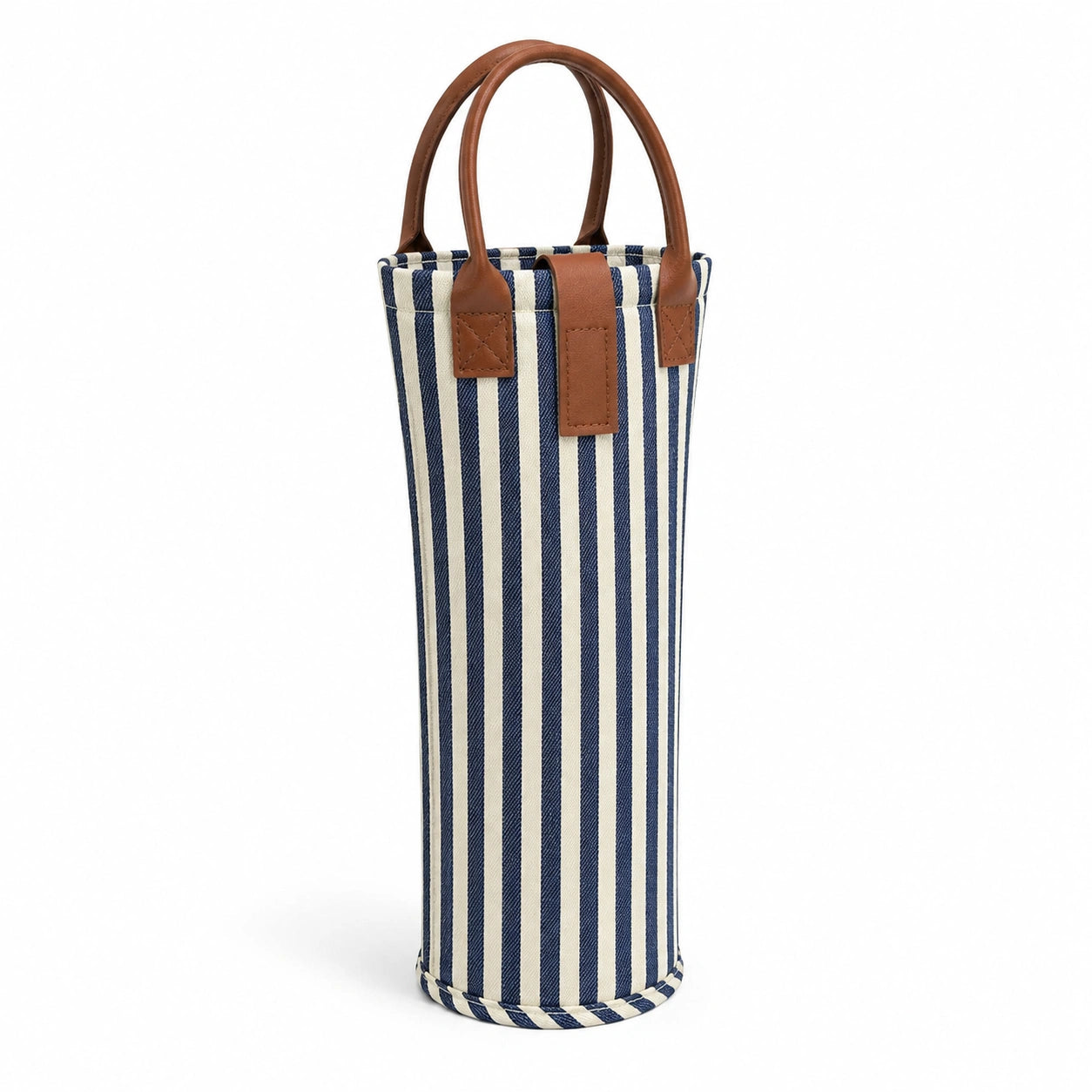 Sac porte-bouteille cylindrique 12 x 38 cm en toile rayée bleu marine écru avec anses marron