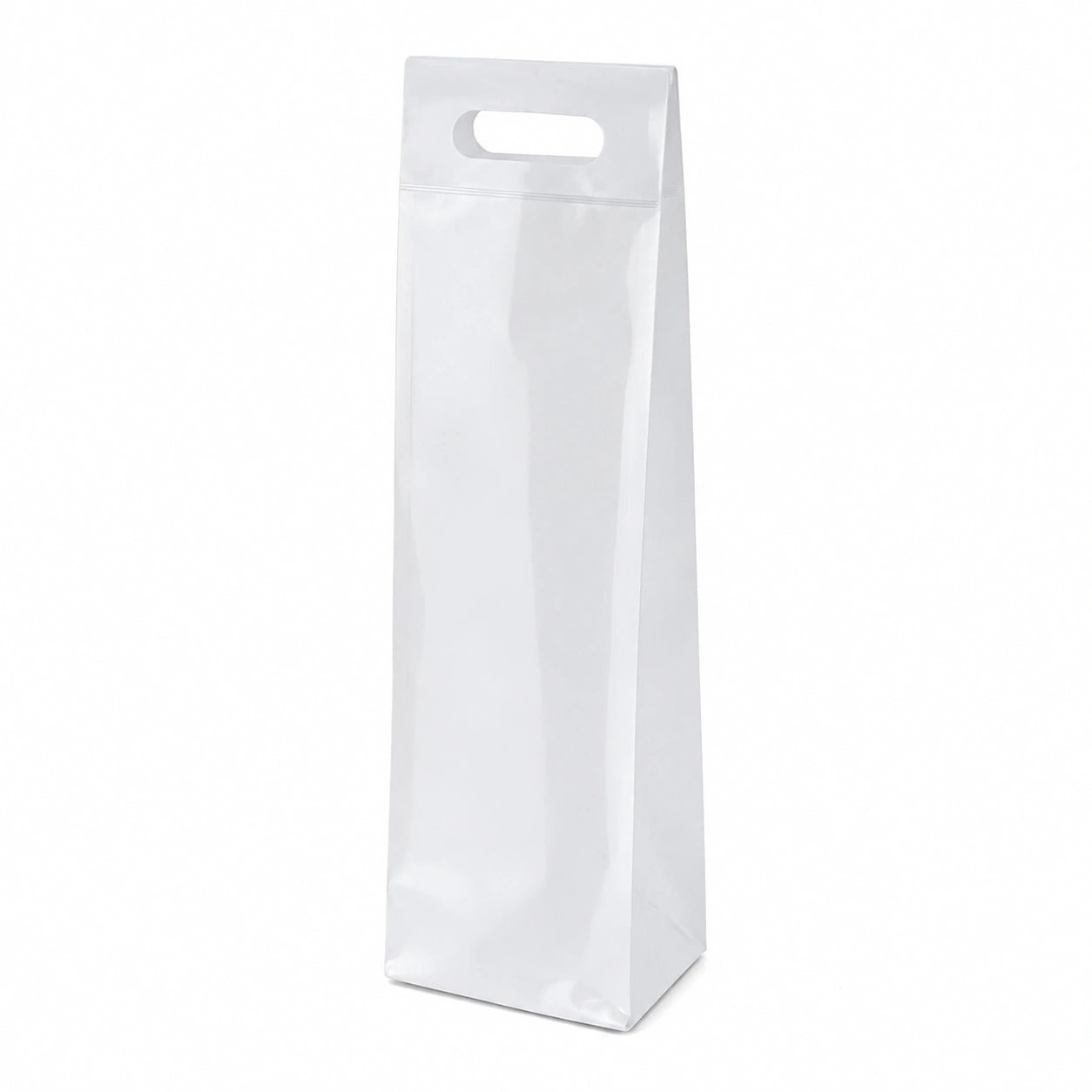 Sac cadeau pour bouteille 12 x 9 x 38 cm en papier blanc à poignée découpée
