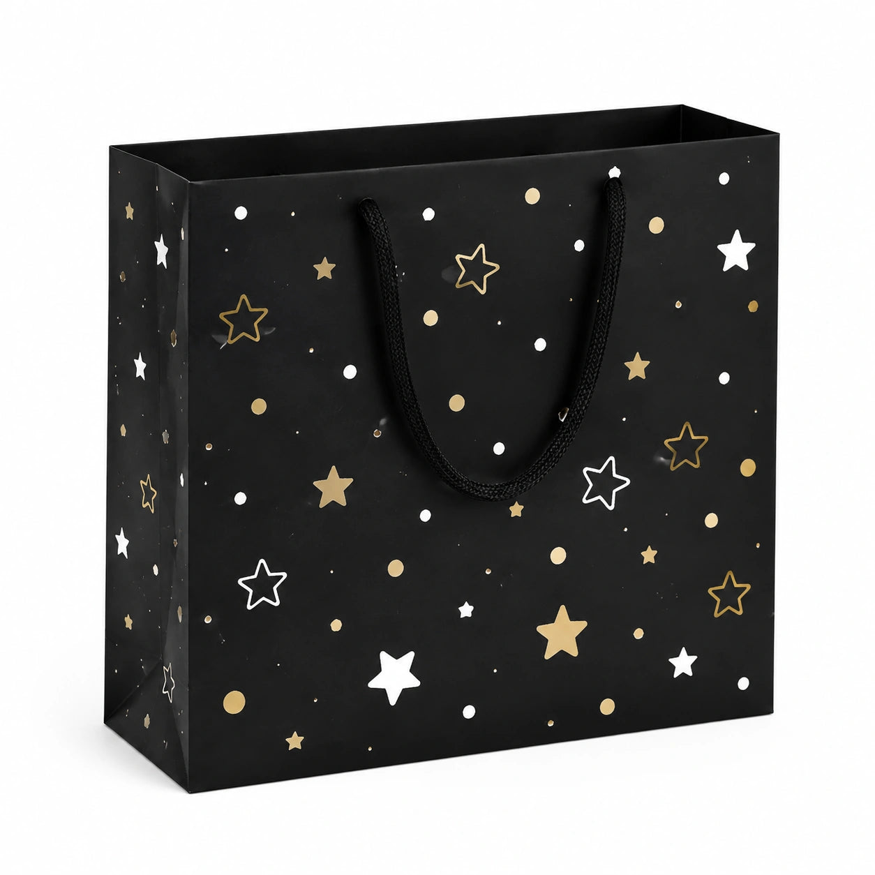 Sac cadeau 26 x 12 x 32 cm en papier noir à étoiles avec poignées en corde