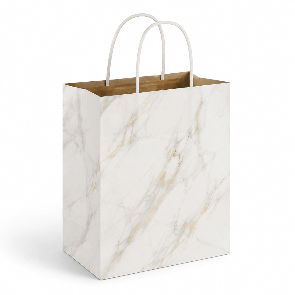 Sac cadeau 26 x 12 x 32 cm en papier blanc marbré doré avec anses pour emballage élégant